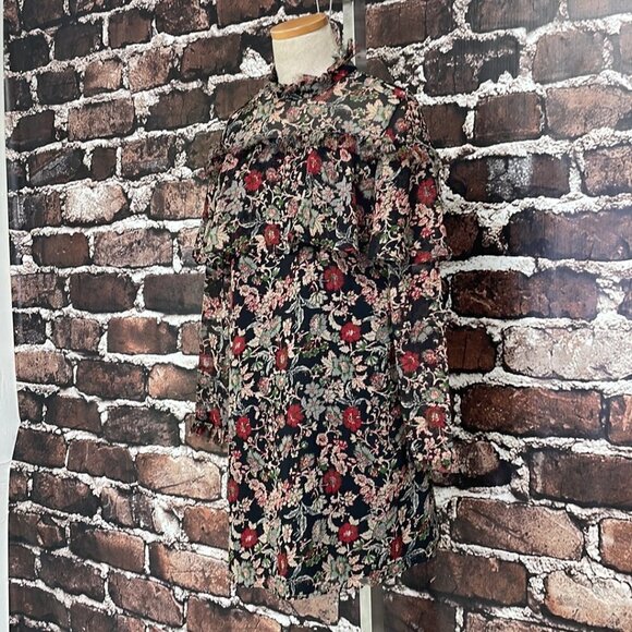 Zara Basic Collection Long Sleeve Dress Fringe Floral Red Black Size Small S - Picture 6 of 17